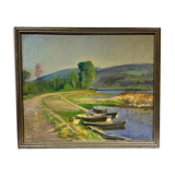 Tableau ancien, paysage bord d’un étang, Signé Michel Loche ( 1897;1976)
