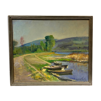 Tableau ancien, paysage bord d’un étang, Signé Michel Loche ( 1897;1976)