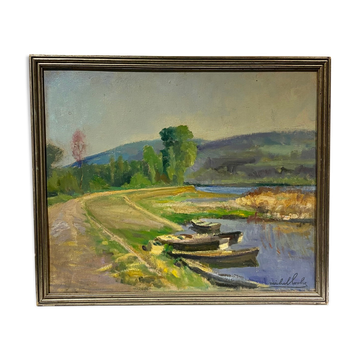 Old painting, landscape on the edge of a pond, Signed Michel Loche (1897;1976)
