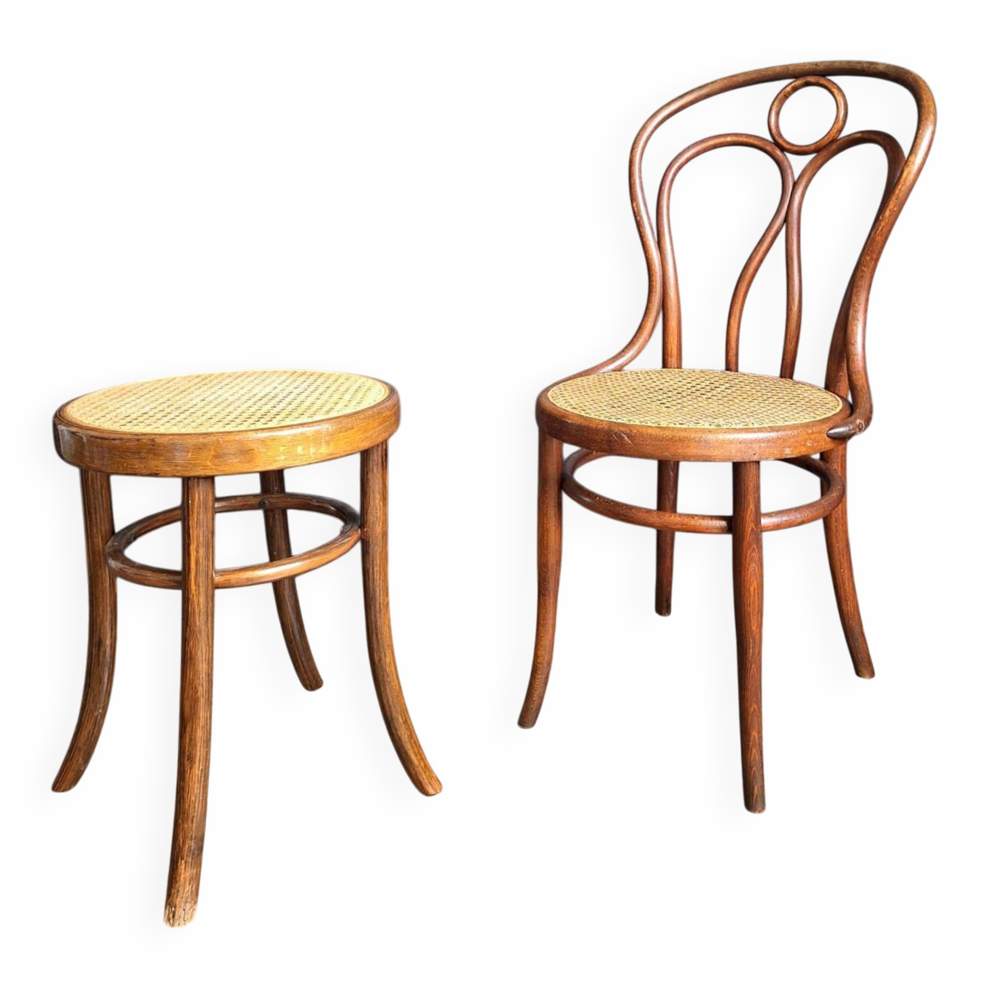 Antique Hoffman caned bistro chair, Art Deco and stool