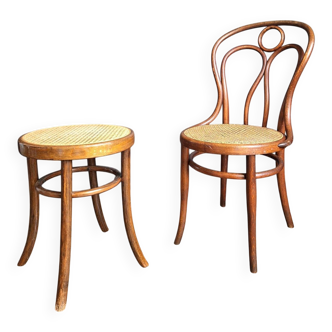 Antique Hoffman caned bistro chair, Art Deco and stool