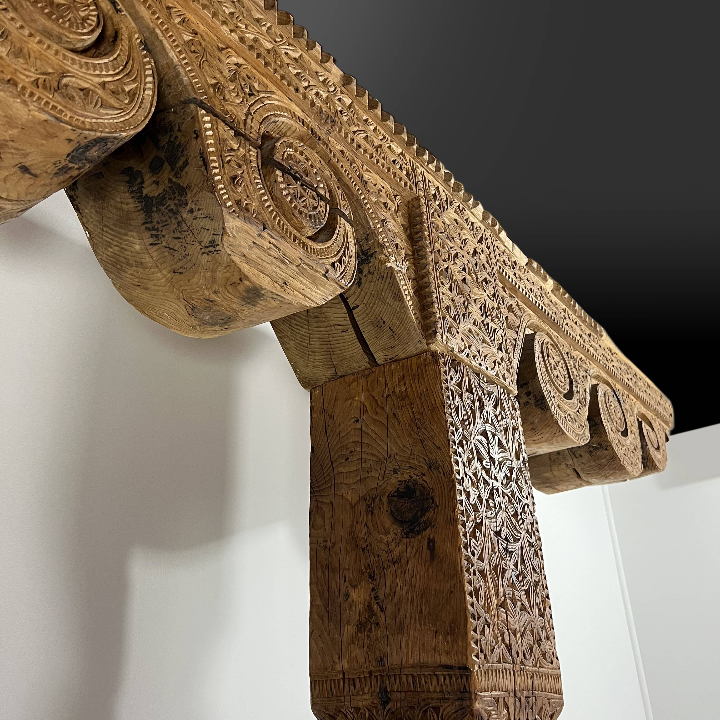 Ancient large carved cedar pillar column from Pakistan, India.