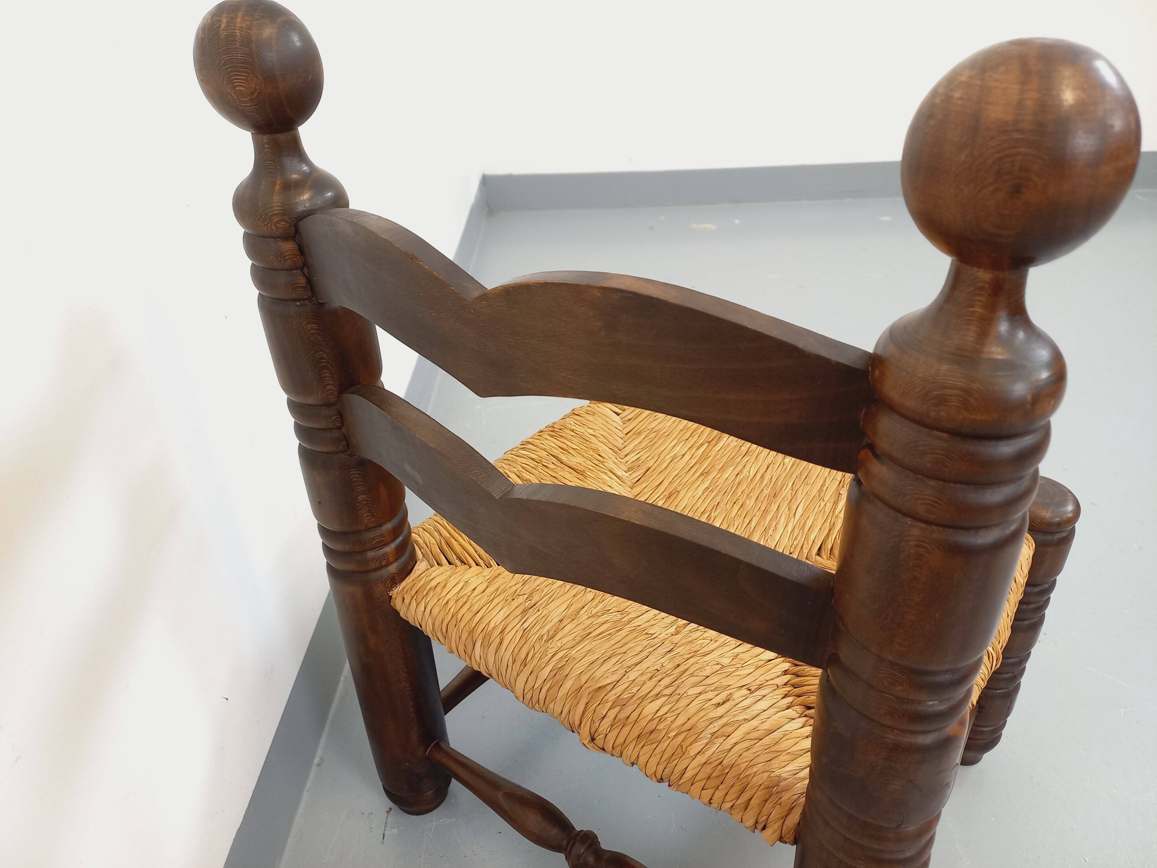 Vintage Charles Dudouyt Brutalist Low Chair in Wood and Straw, 1940s