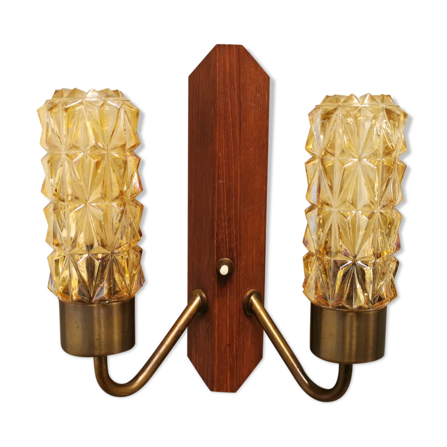Older Danish wall lamp, with double light source, made of teak wood, amber colored glass and brass