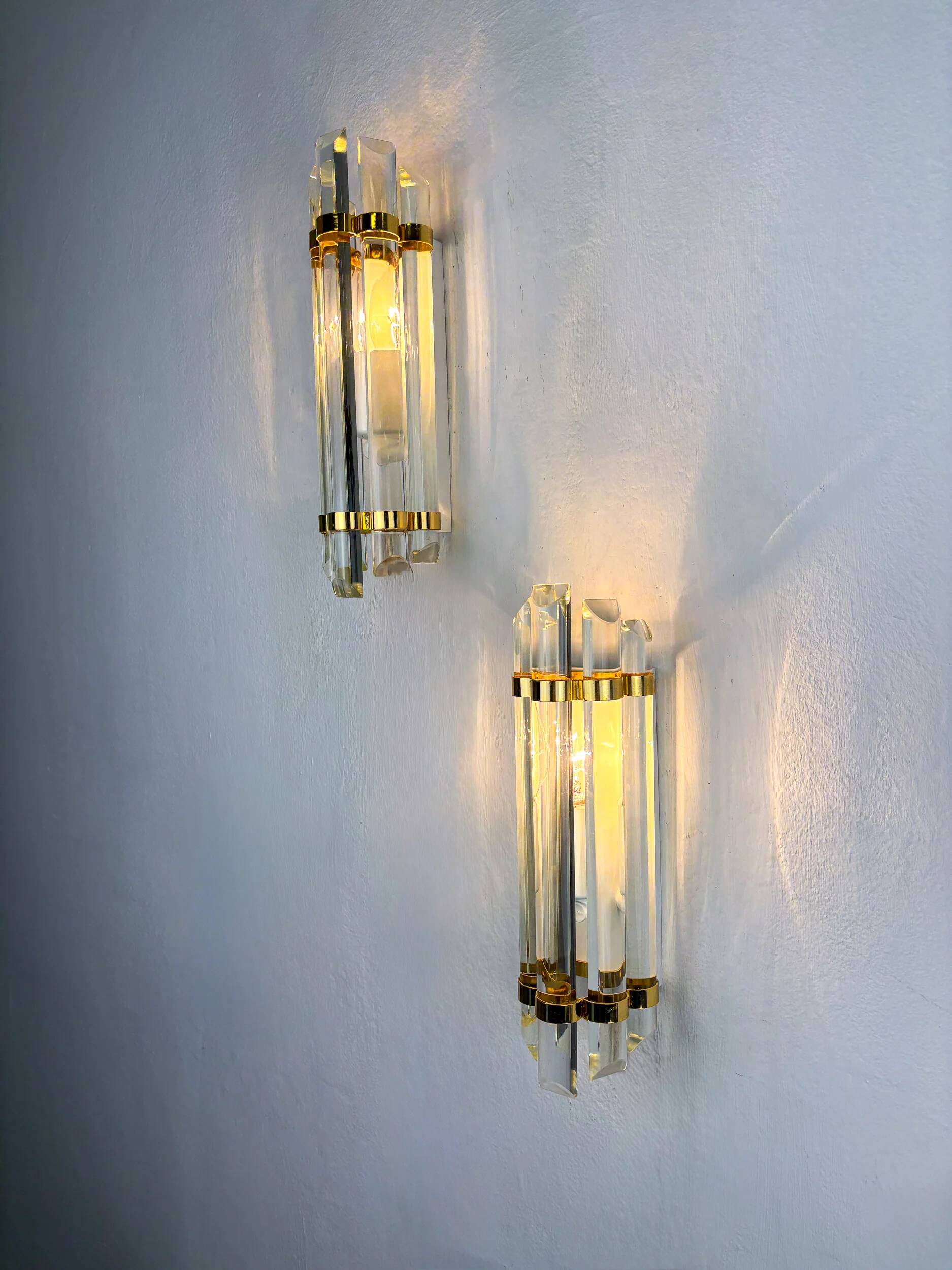 Pair of Venini half-moon wall lights – cut crystal glass & brass, Italy 1970s