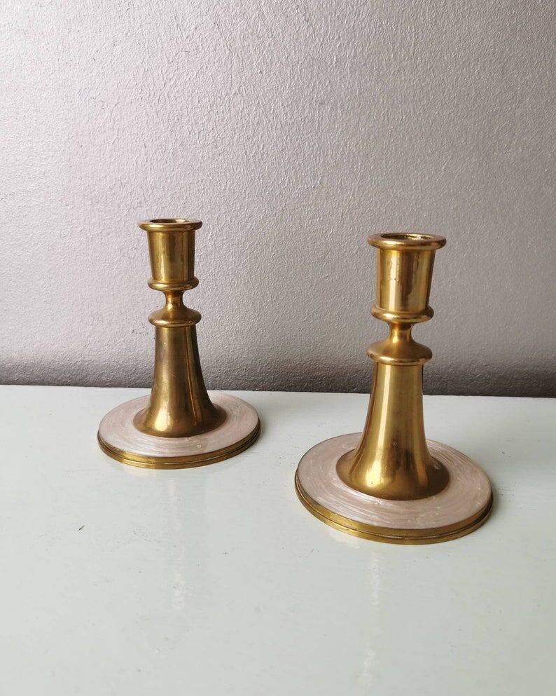 Set of 2 brass candle holders with mother-of-pearl, 1970s