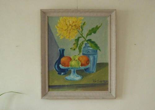 Original Oil on Panel “Still Life: Fruit and Yellow Flower” Framed 57x48cm