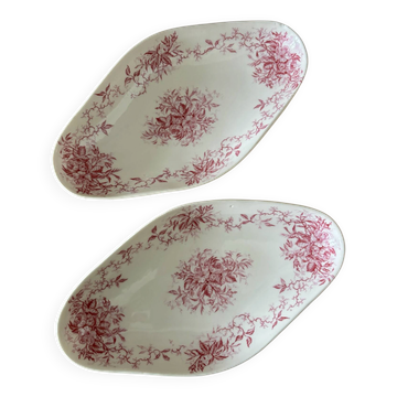 Ensemble de deux raviers anciens en porcelaine fleurie vieux rose