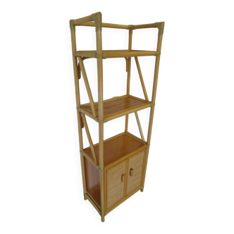 Bookcase - vintage 3 levels with 2 doors - woven rattan wood and bamboo - natural color