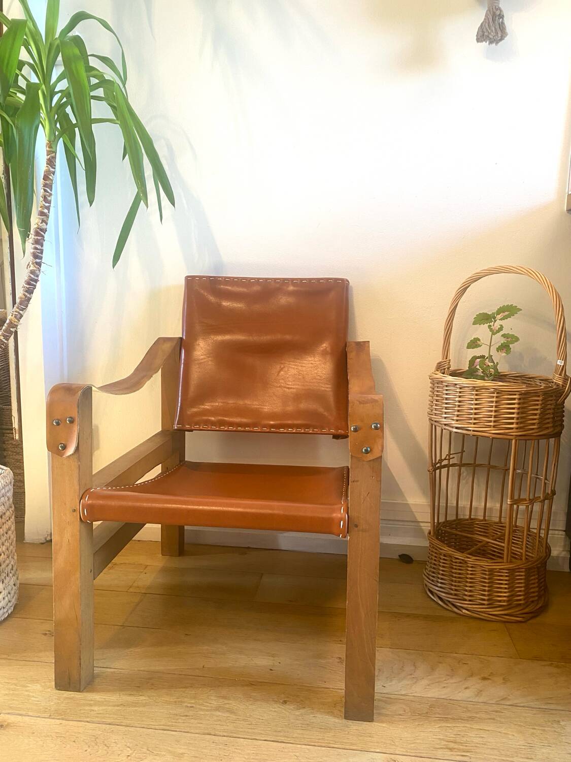 Safari armchair in wood and leather - 1950s style