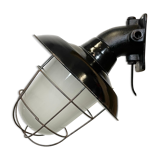 Industrial black enamel and cast iron wall lamp with iron grid, 1960s