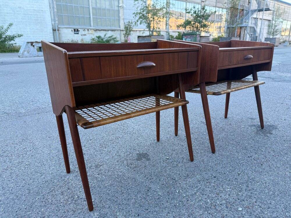 Modernist Danish teak bedside tables with rattan shelves, set of 2