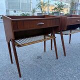Modernist Danish teak bedside tables with rattan shelves, set of 2