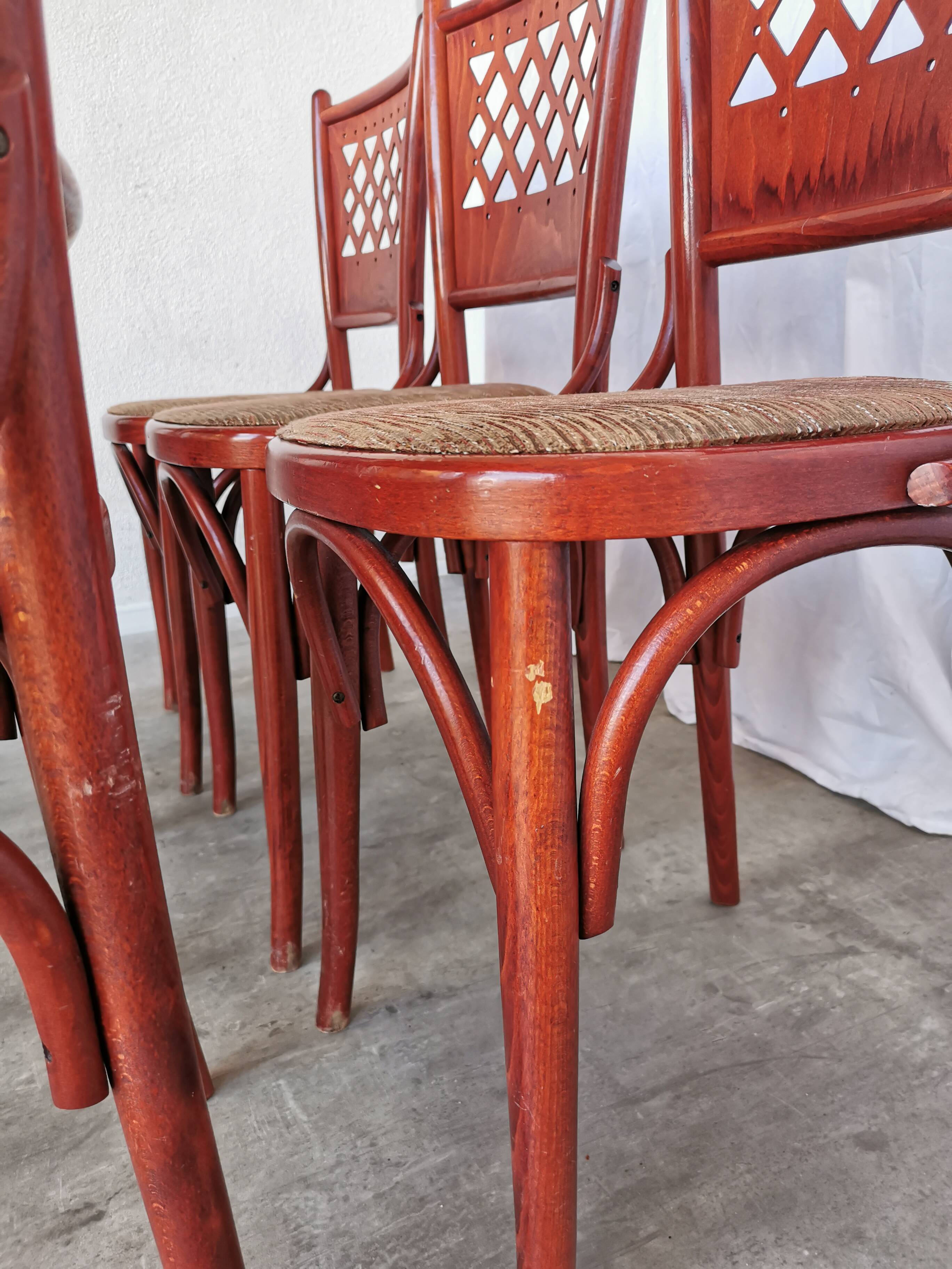 Vintage Italian Bistro Chairs - 1980s Reddish Wood, Brown Fabric - Set of 6