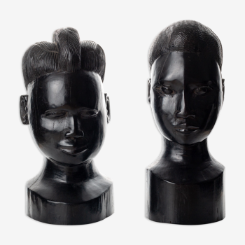 Paire de bustes africains sculptés en bois de fer ébène / vintage / serre-livres