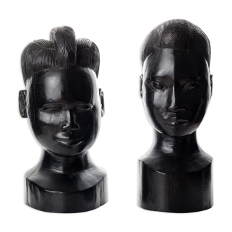 Pair of African busts carved in ironwood / ebony / vintage / book clamps