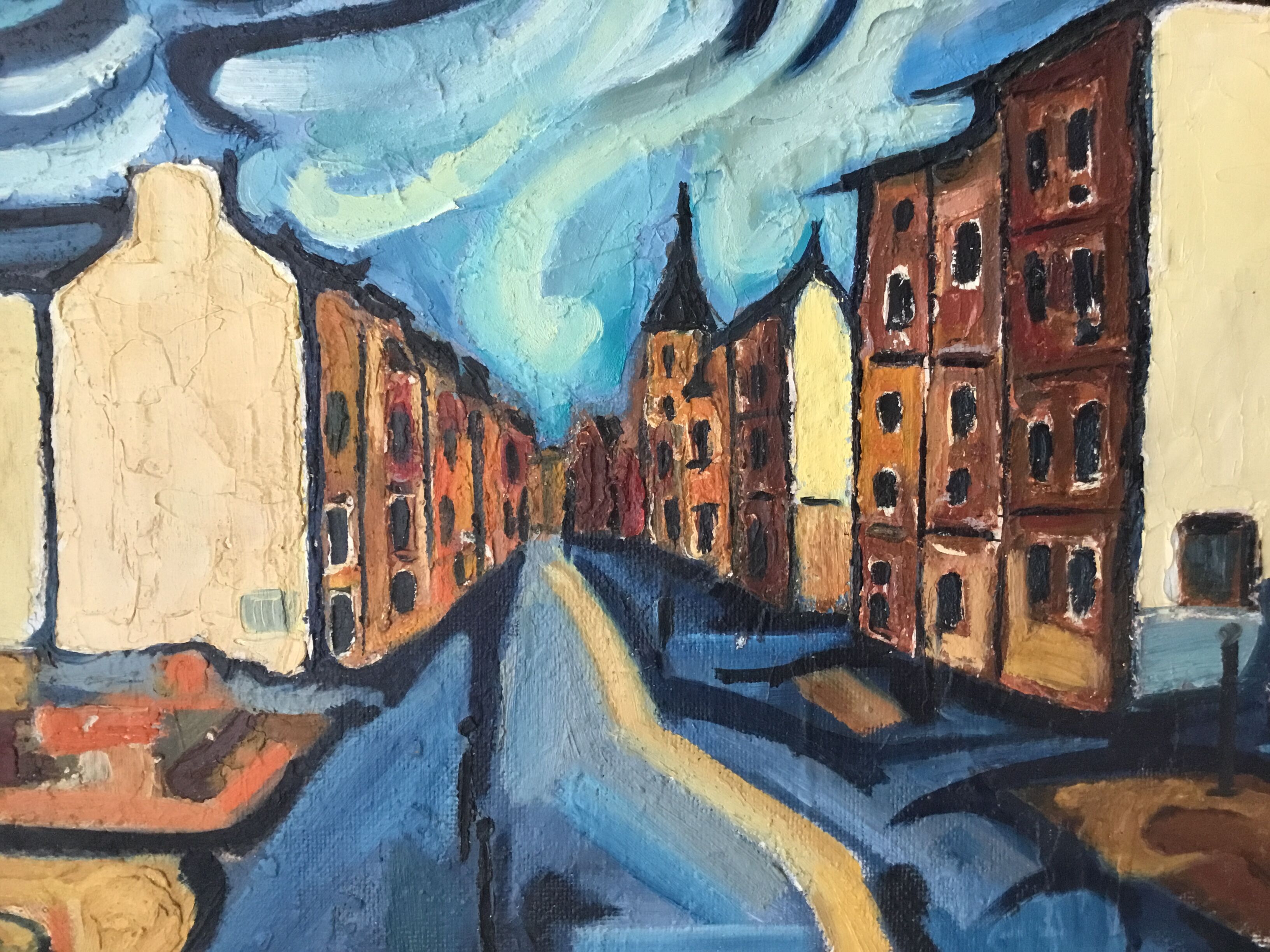 Painting painted on wood "village under the storm"