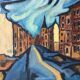 Painting painted on wood "village under the storm"