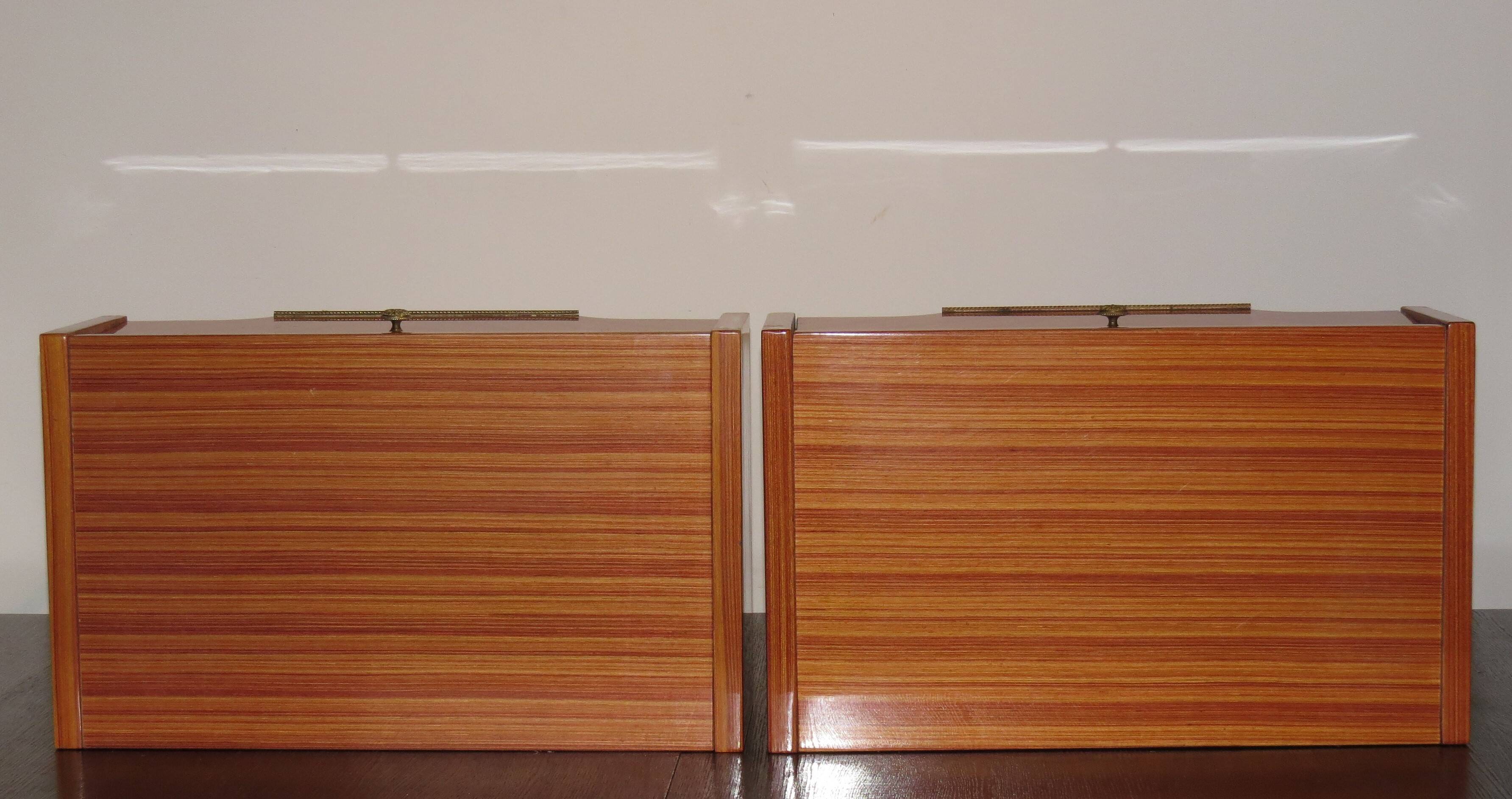 Pair of 60s veneer bedside tables with brass decorations