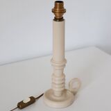 Candlestick lamp, Antique turned wooden base & Striped lampshade