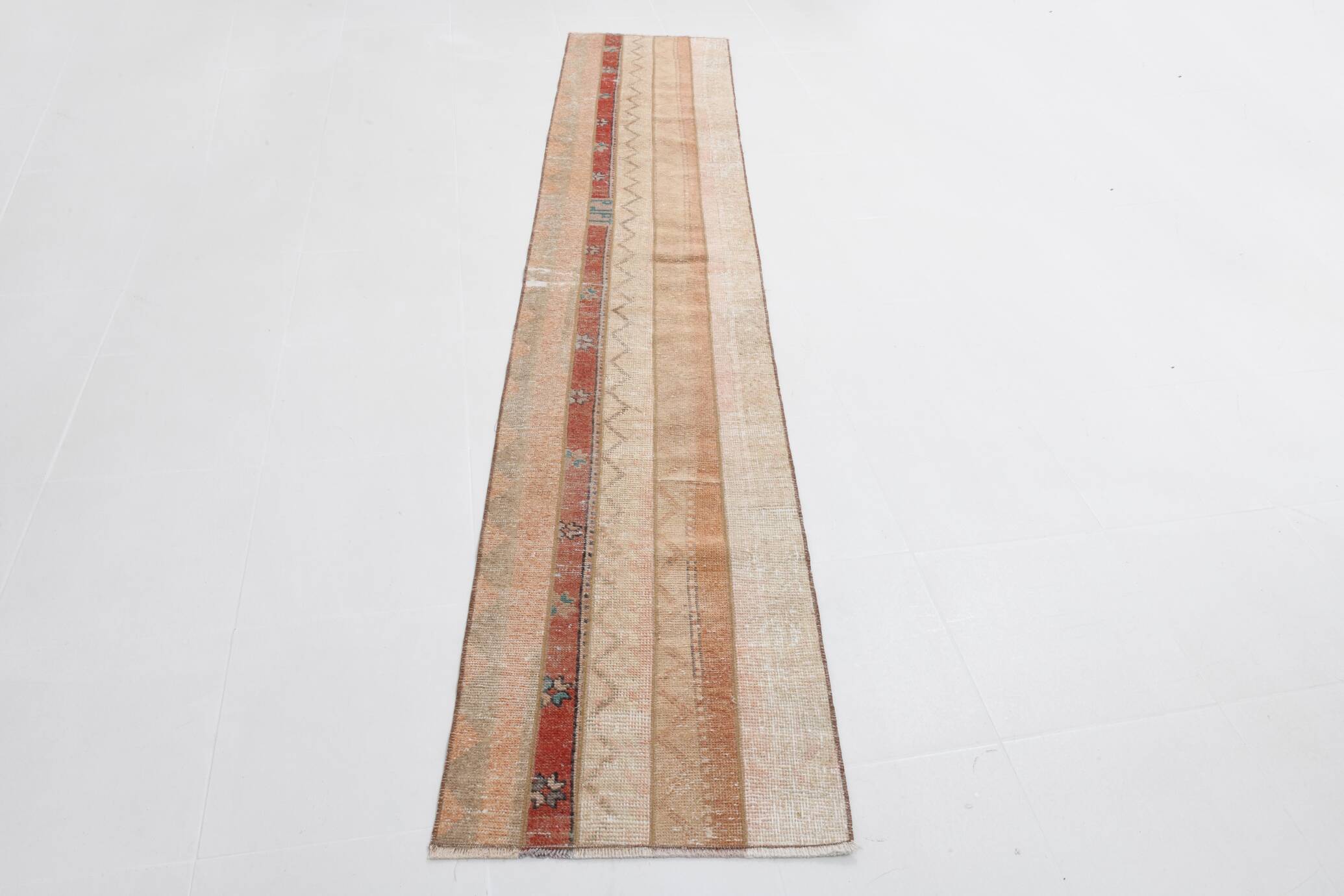 Red & Cream Long Turkish Vintage Runner Rug. 69x312Cm