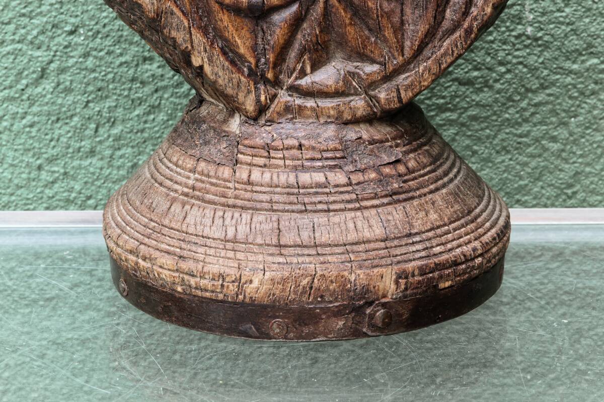 Brutalist candlestick, antique Asian grain sorter in carved wood.
