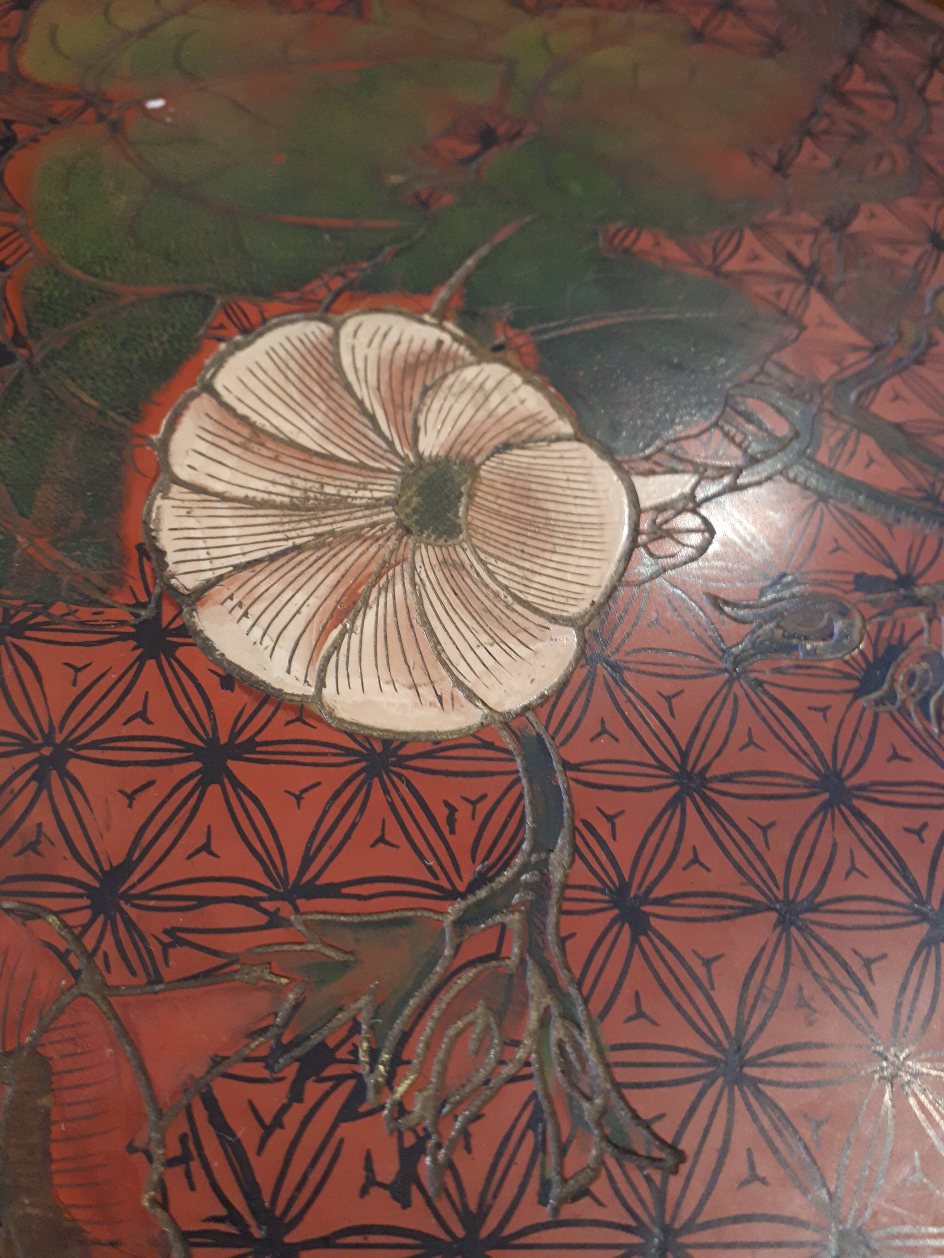 Stool Chinese pedestal table old red lacquer