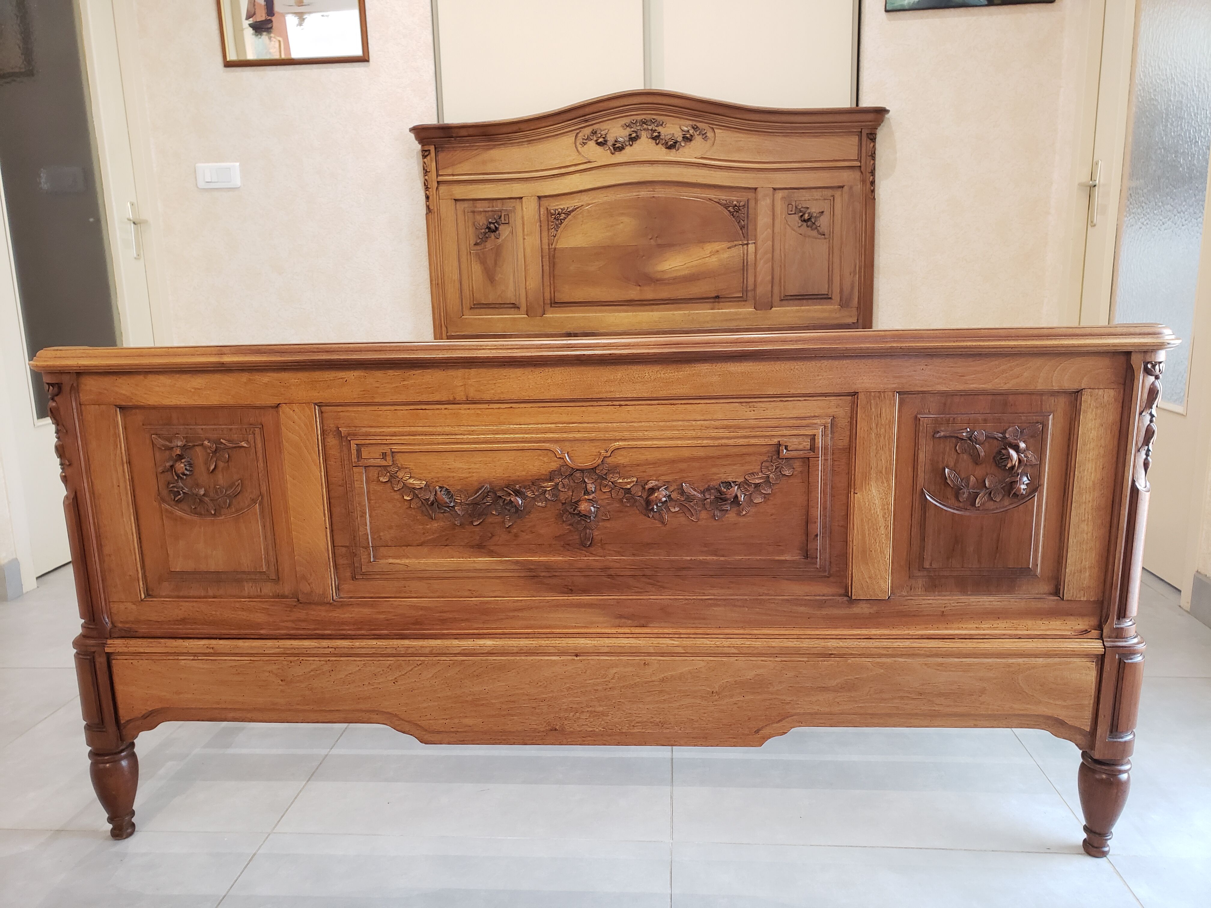 Vintage old walnut bed carved late nineteenth century
