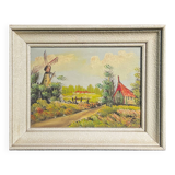 Old landscape painting – Framed oil on canvas – Mill and cam house