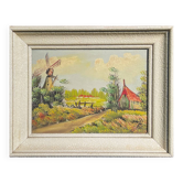 Tableau ancien paysage – Huile sur toile encadrée – Moulin et maison de cam