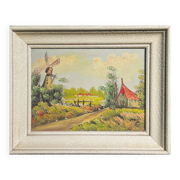 Tableau ancien paysage – Huile sur toile encadrée – Moulin et maison de cam