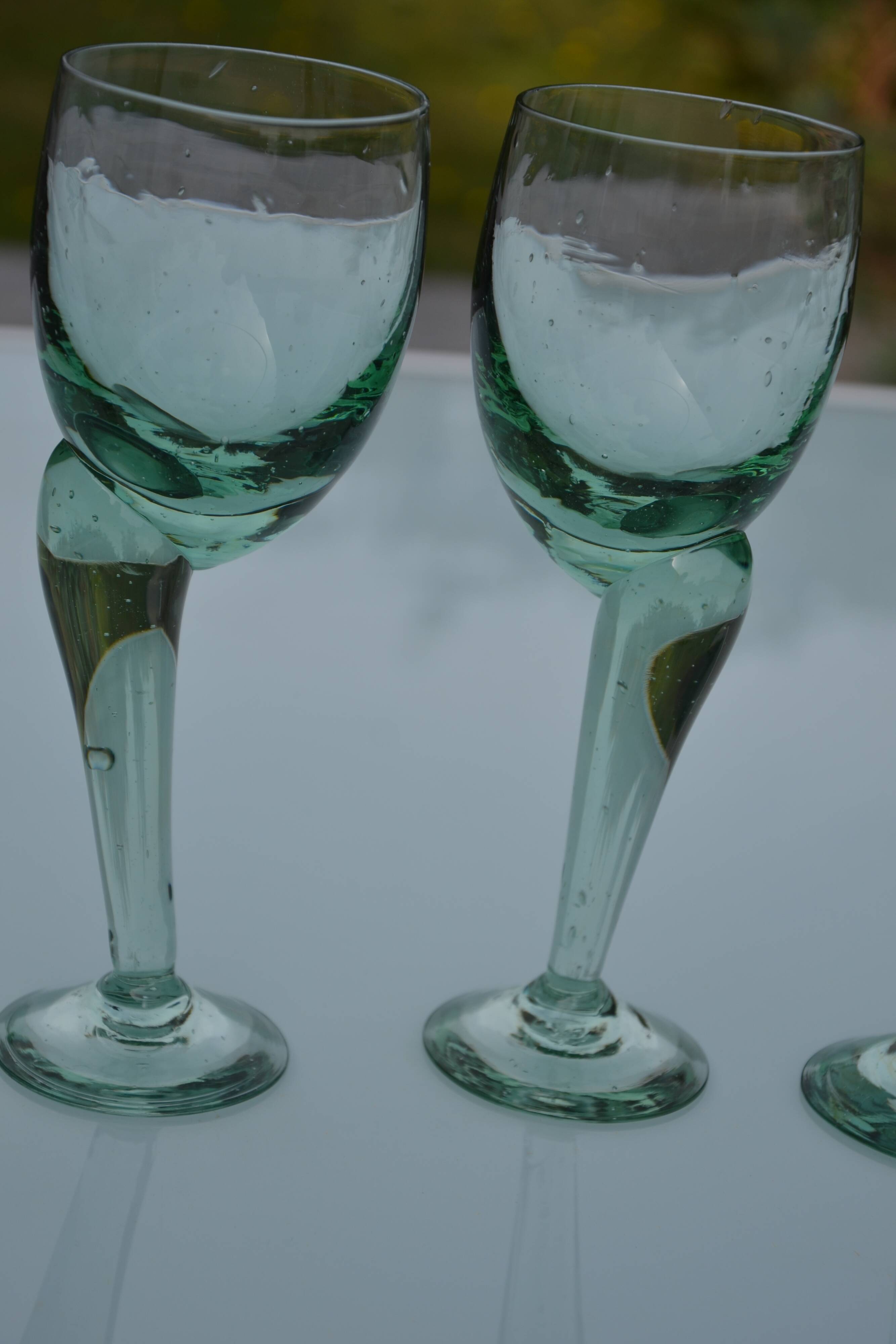 Hand-blown, bubbled stemmed glasses with offset feet