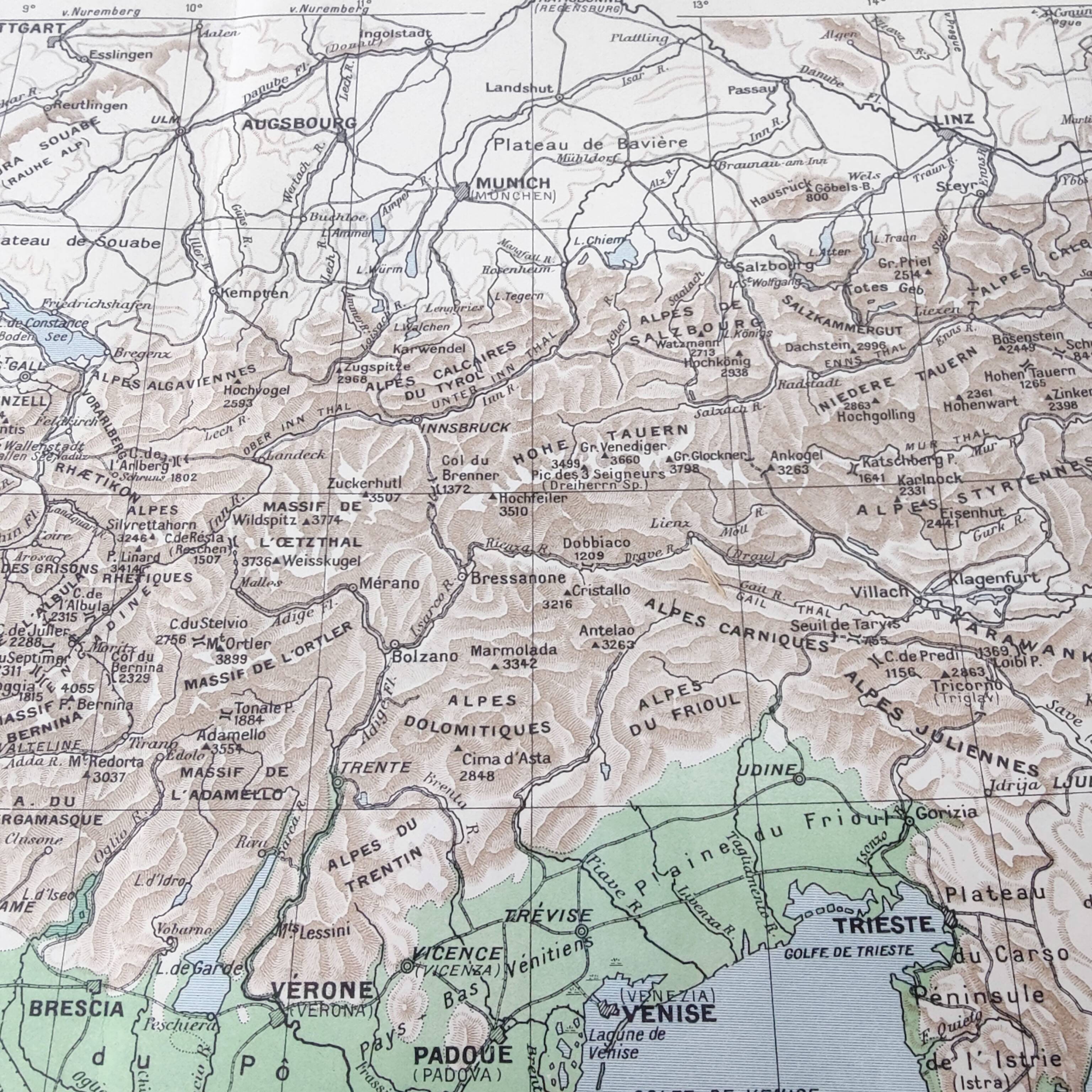 Vintage Europe Alps mountains map from 1950