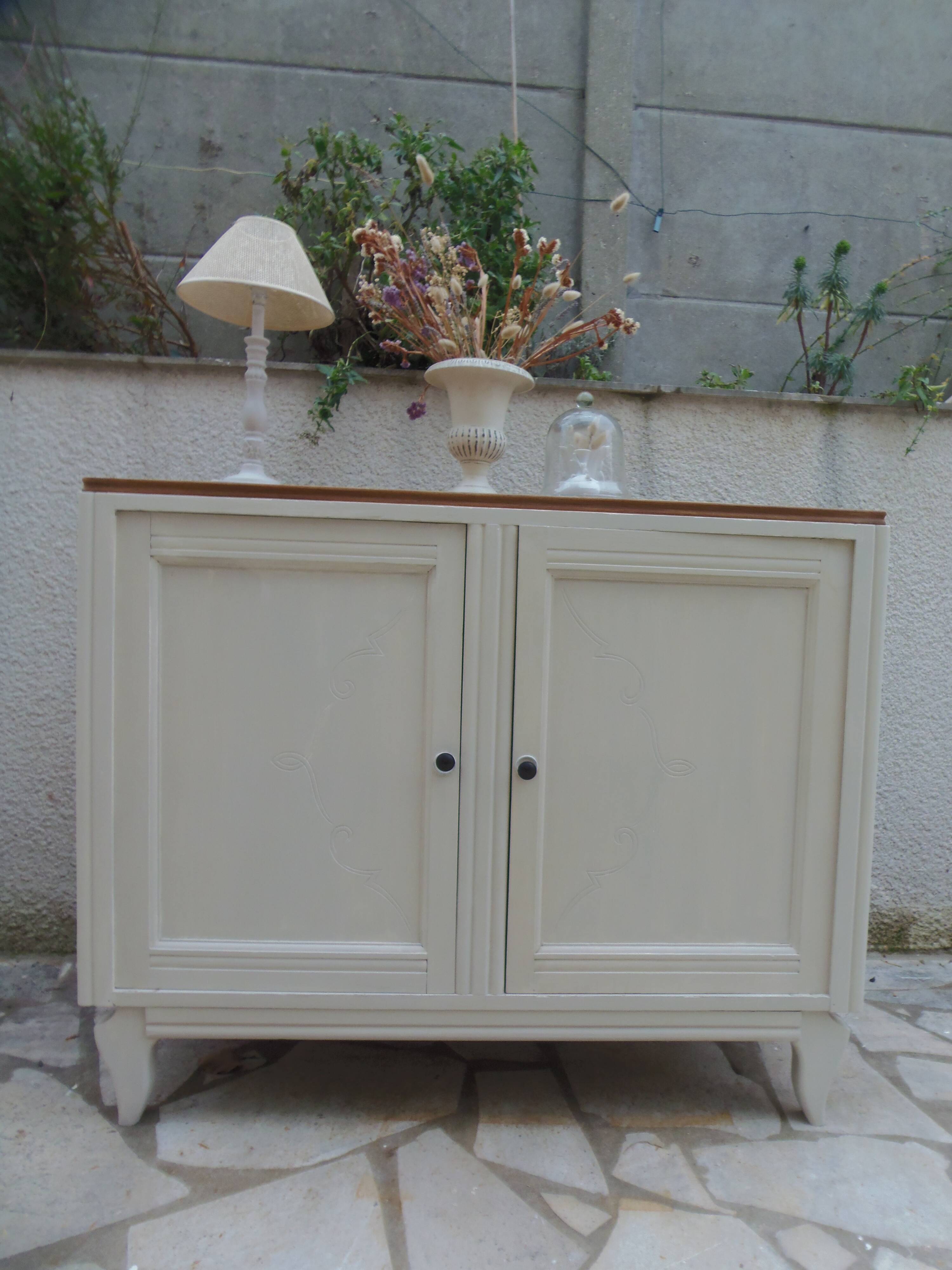 Buffet vintage Beige, plateau chêne.