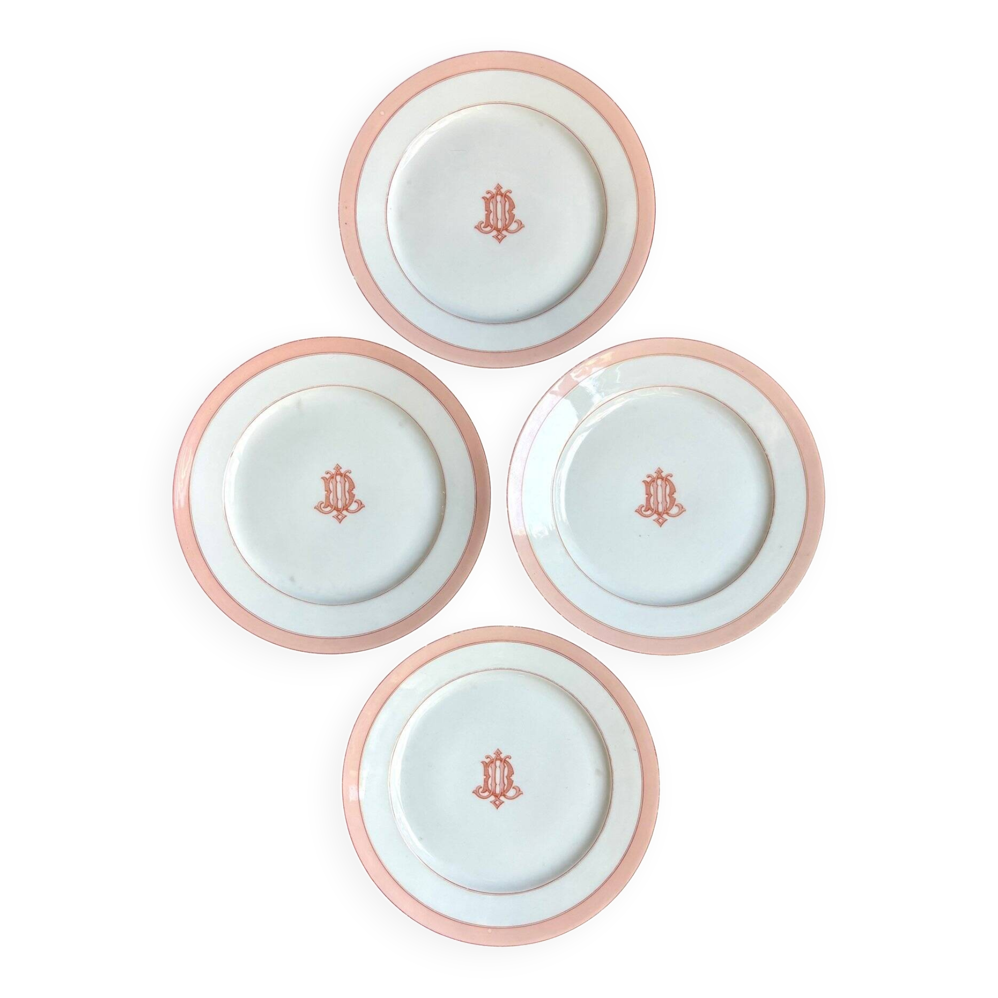 4 monogrammed pink porcelain dessert plates