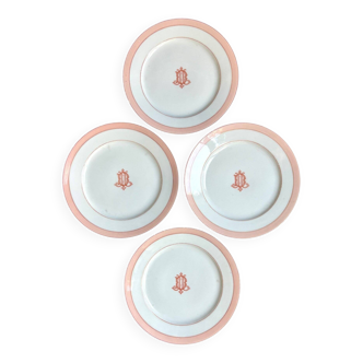 4 monogrammed pink porcelain dessert plates