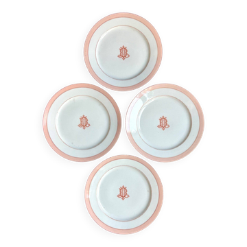 4 monogrammed pink porcelain dessert plates