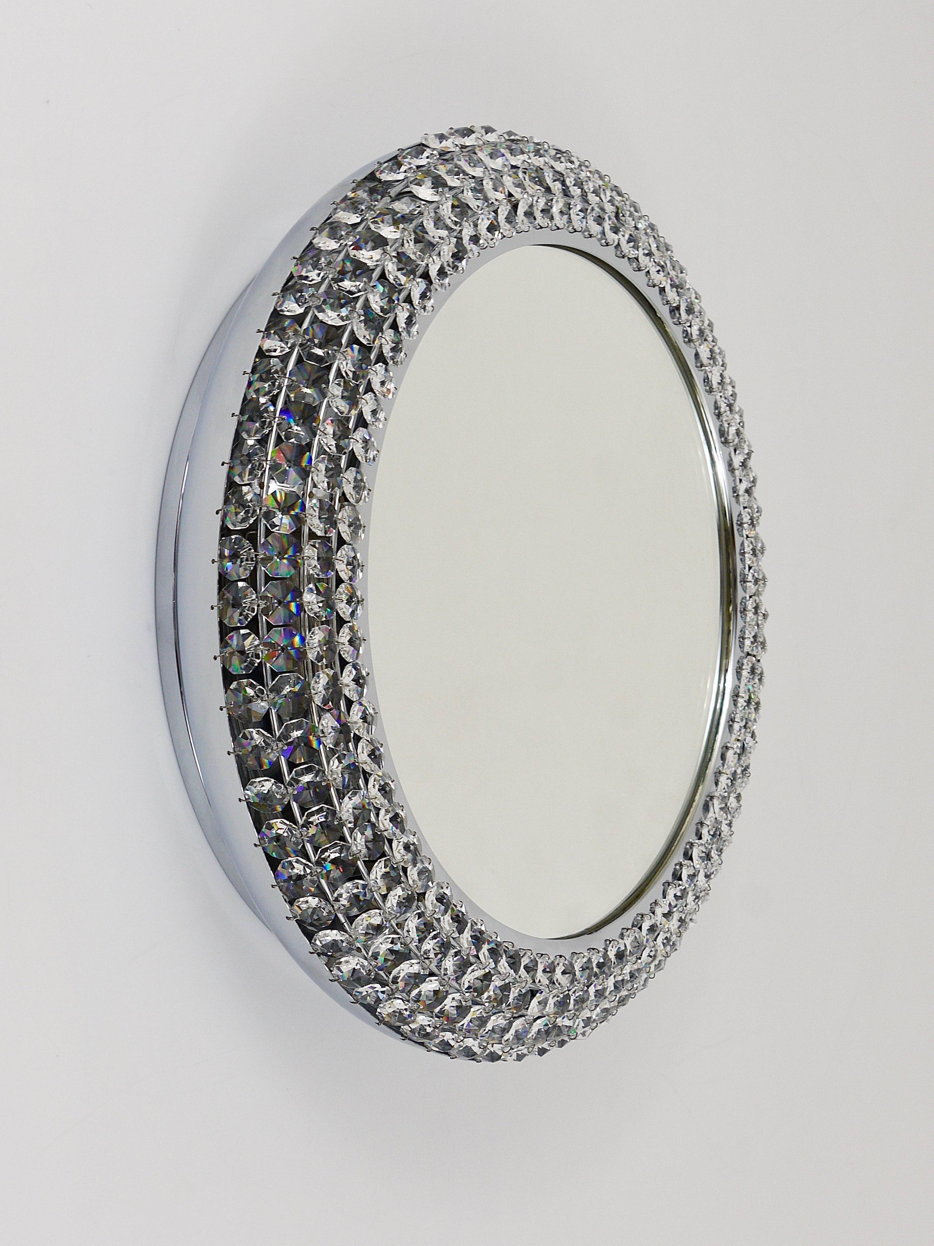 Round Wall Mirror in Bakalowits Style with Faceted Crystal & Chrome Lighting, 1960s