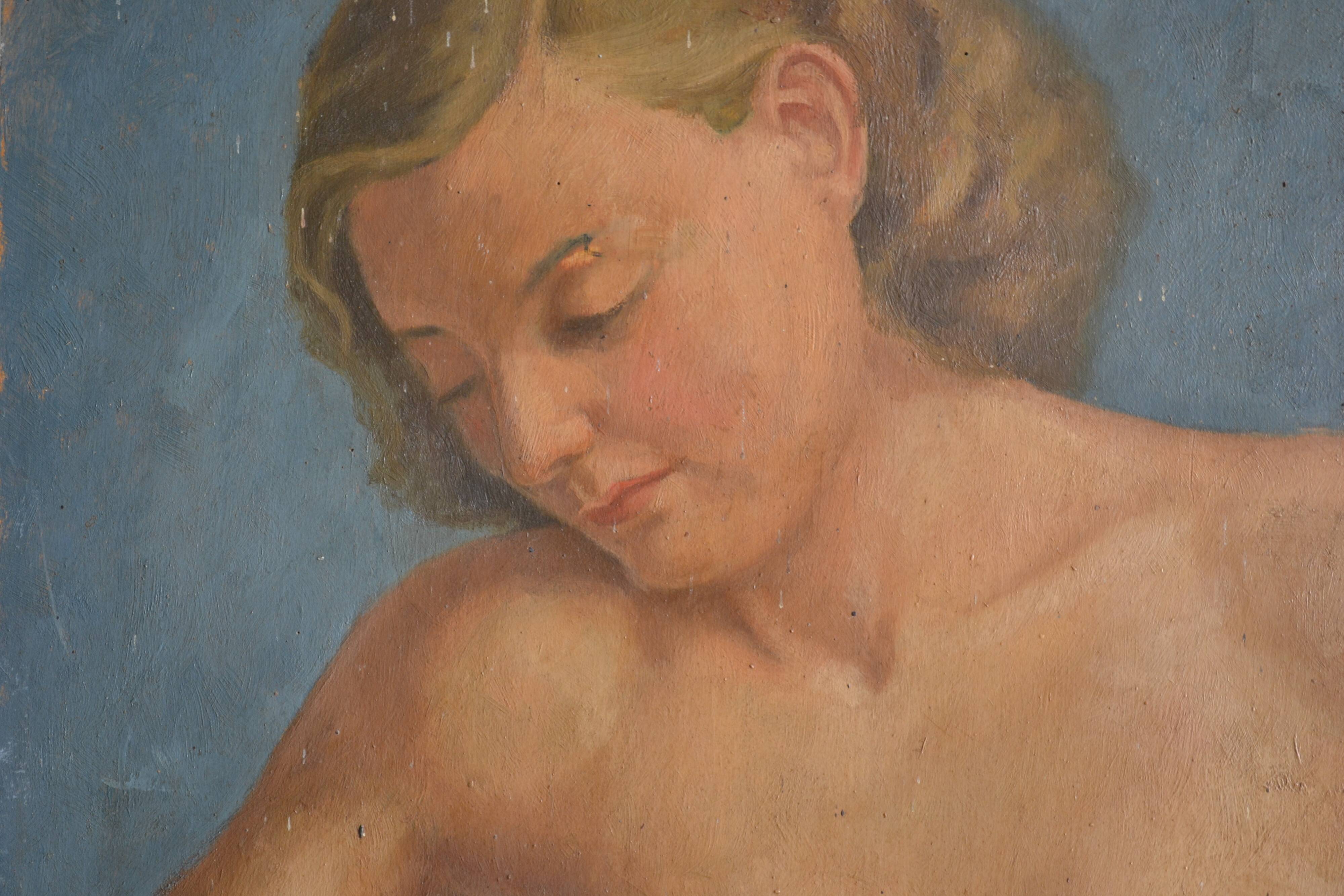 Old painting portrait nude woman oil on panel
