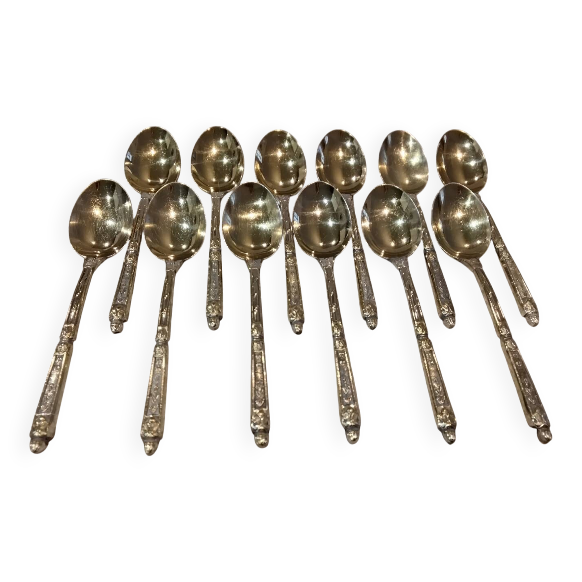 12 gold-plated metal moka spoons with Russian-style handles, 10.6 cm