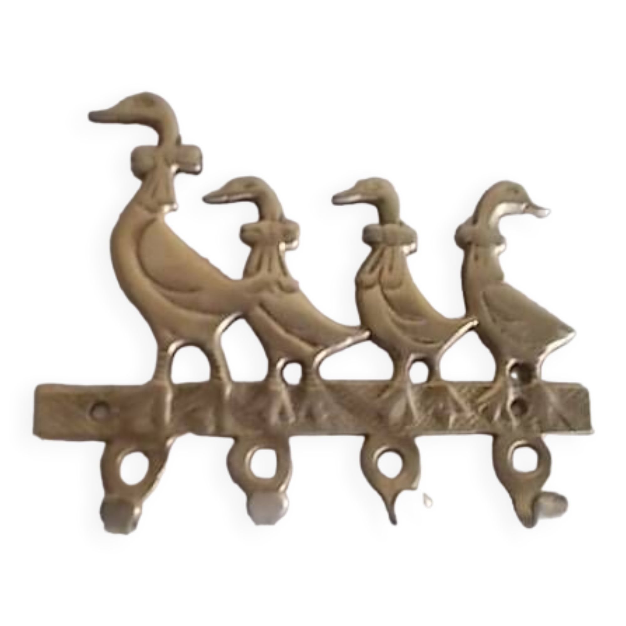 Wall-mounted tea towel holder or key holder in brass with ducks.