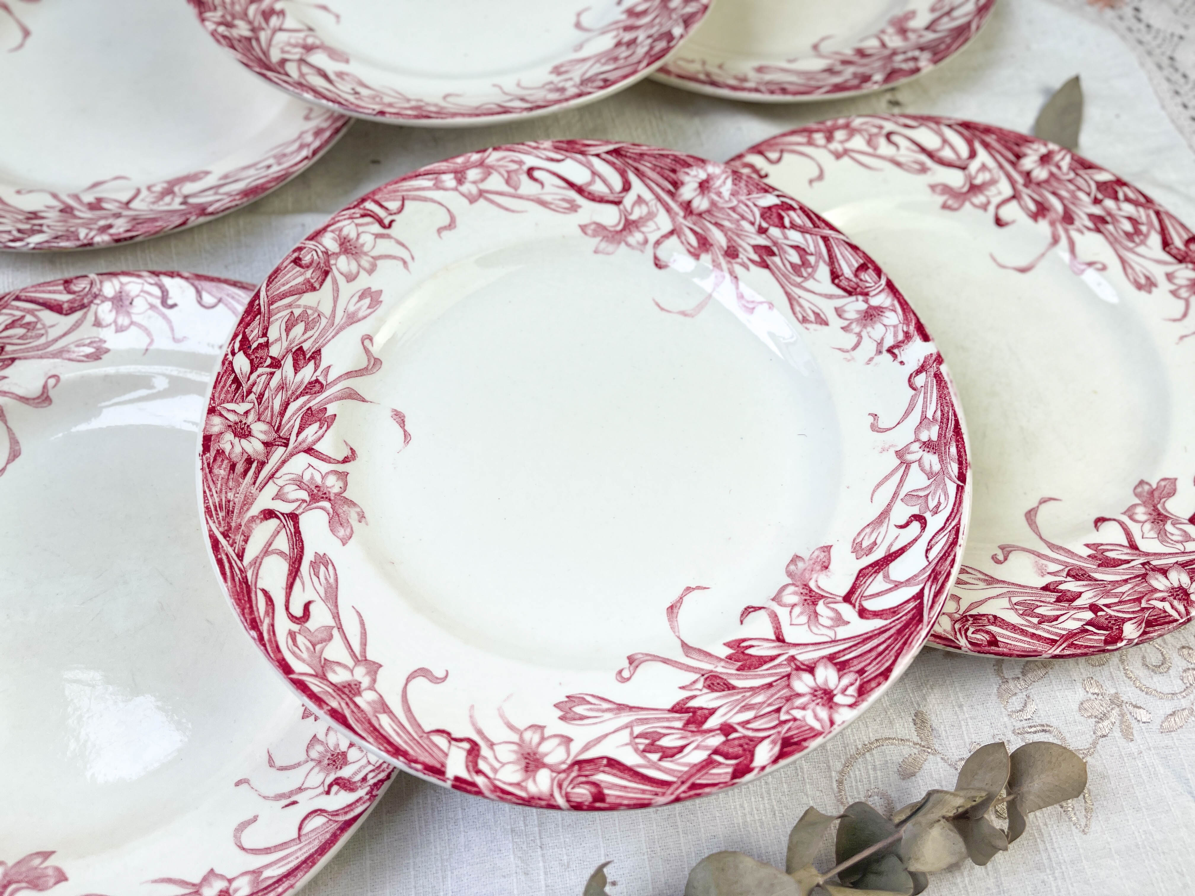 6 flat plates red iron earth longwy "reeds"