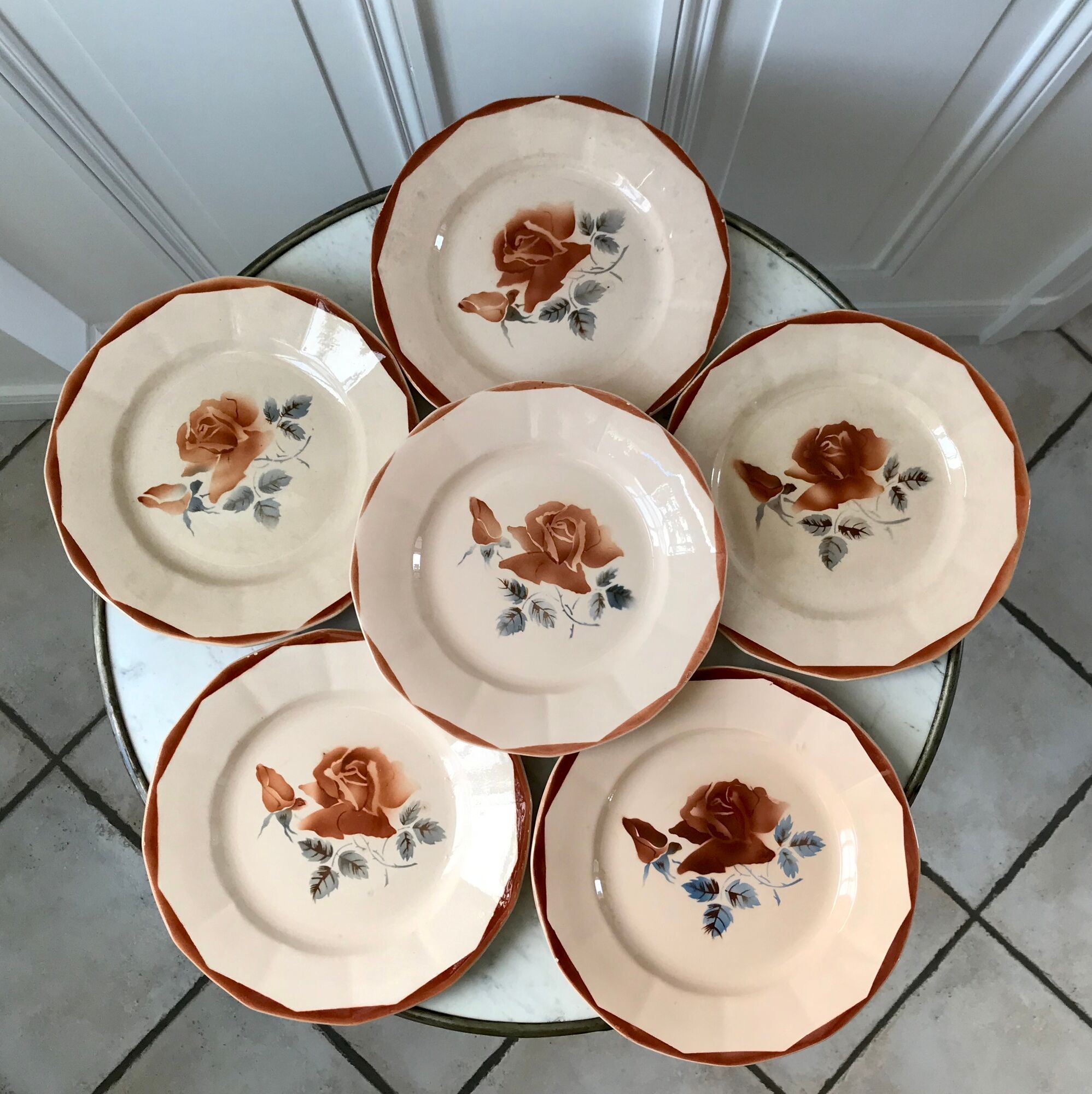 Set of 6 flat plates Digoin Sarreguemines pink flowers years 30-40