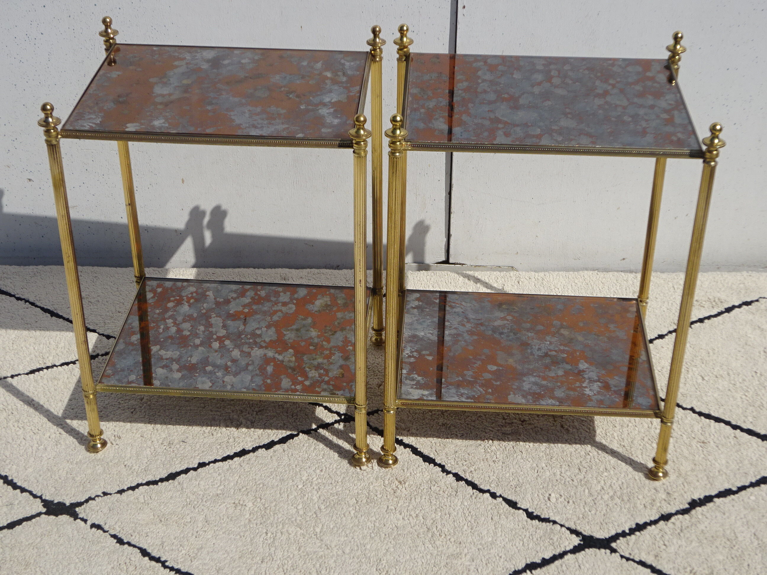 Pair of bedside tables in gilded brass and glass, midcentury