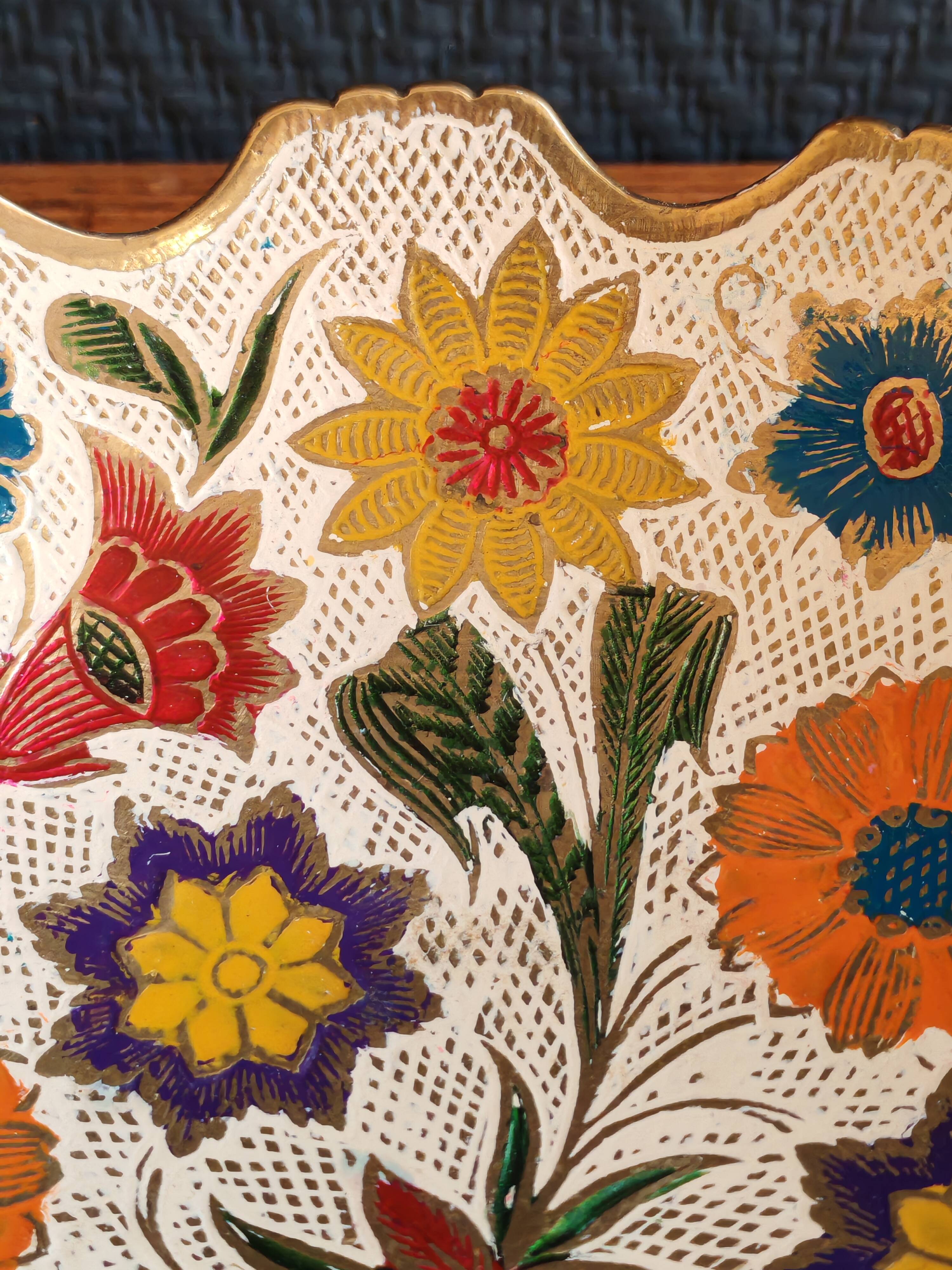 Vintage Enamelled Brass Fruit Bowl – Floral Centrepiece with Edge Fe