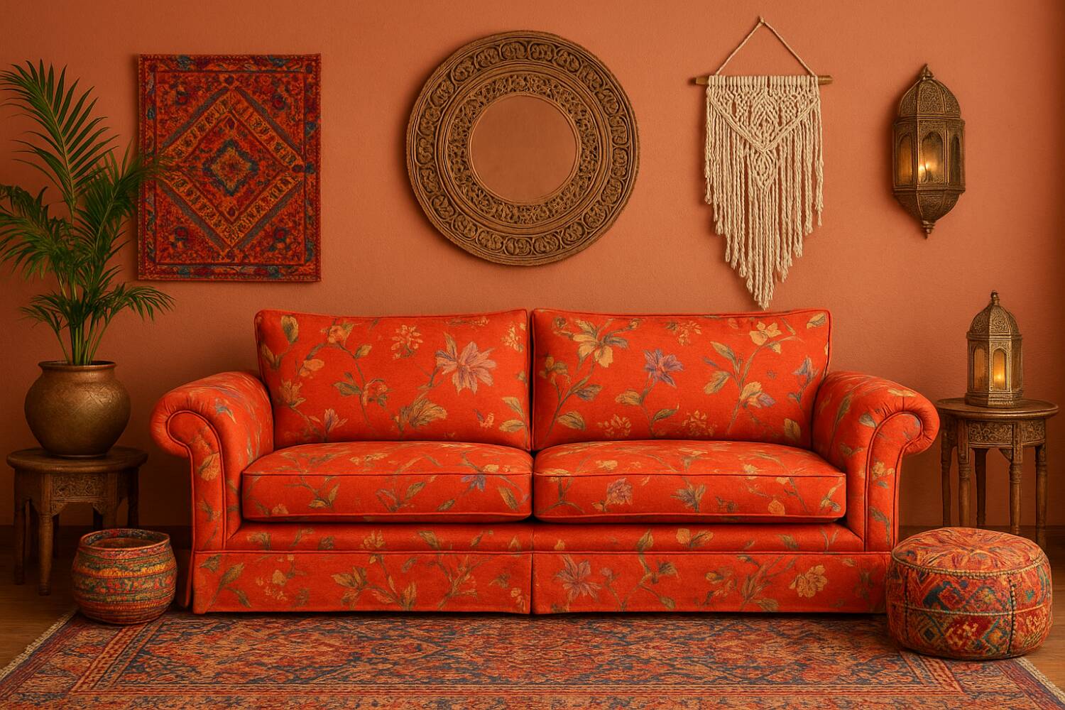 Vintage sofa bohemian style Terracotta flowers