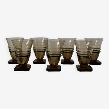 Ensemble de 7 petits verres à vin en verre fumé design pieds carré art déco années 30-40