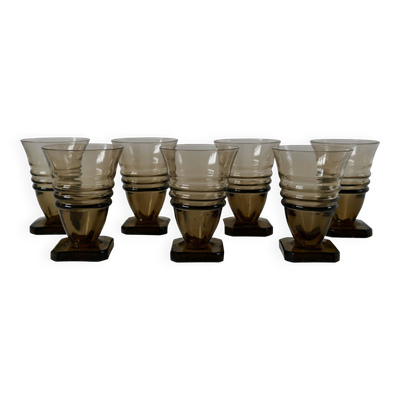 Ensemble de 7 petits verres à vin en verre fumé design pieds carré art déco années 30-40