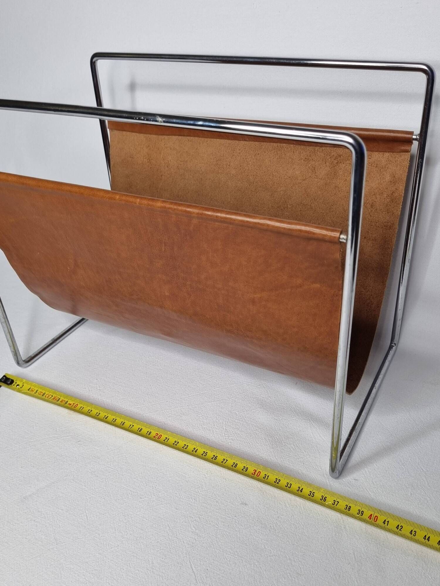 Vintage leather and chrome metal magazine rack, modernist design, 70s