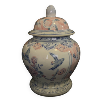 Chinese ceramic vase pot floral decorations lid flower and birds vintage old